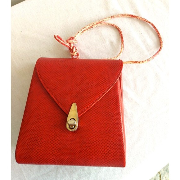 Vintage 80s Ande Hard Shell Red embossed snakeskin leather crossbody clutch bag - Picture 7 of 12